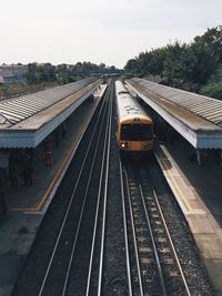 Railroad tracks on railroad station platform