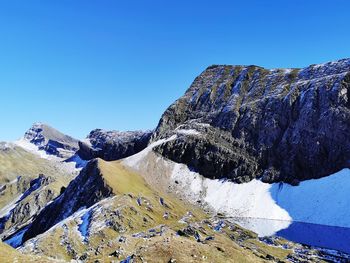 Scenic view of snowcapped mountains against clear blue sky