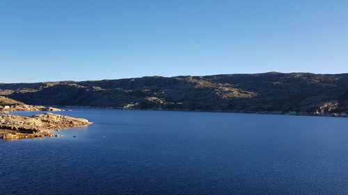 Scenic view of lake against clear blue sky