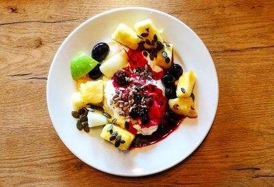 High angle view of breakfast served in bowl on table