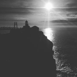 Silhouette rocks by sea against sky during sunset