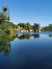 Scenic view of lake against clear blue sky