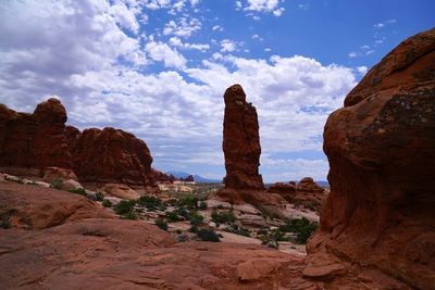 Rock formations on landscape against cloudy sky