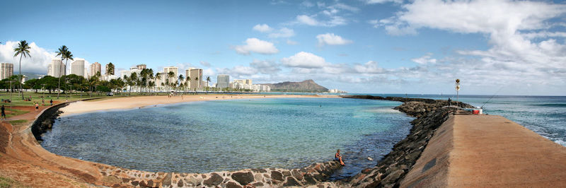 Panoramic view of people on beach against sky