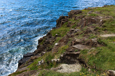 Scenic view of sea by cliff