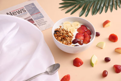 High angle view of dessert in plate on table