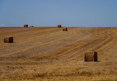 Hay bales on field against clear sky