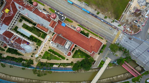 High angle view of street amidst buildings in city