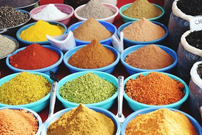 Elevated view of spices on market stall