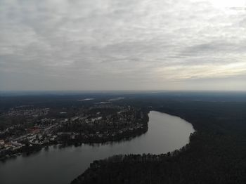 High angle view of buildings in city against sky