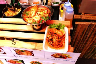 High angle view of meal served on table
