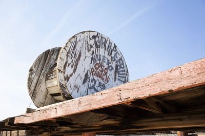 Low angle view of abandoned building against clear blue sky