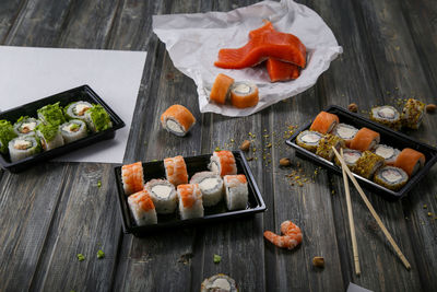 High angle view of sushi on table