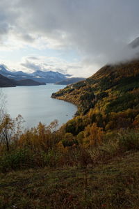 Scenic view of lake and mountains against sky