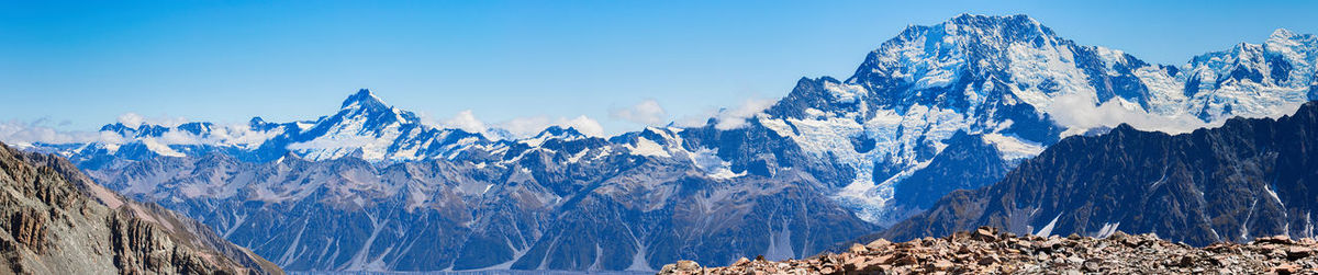 Panoramic view of snowcapped mountains against blue sky