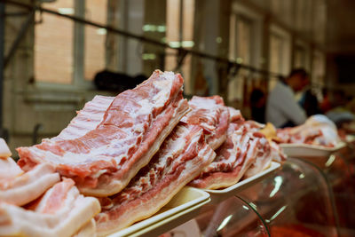 Close-up of meat for sale at butchers shop