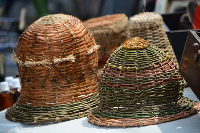 Close-up of wicker basket for sale in market