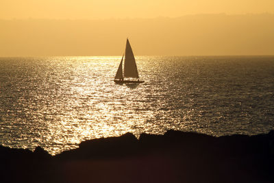 Silhouette horse on sea against sky during sunset