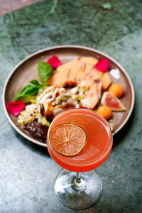 High angle view of food in plate on table