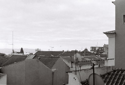 High angle view of buildings in town against sky