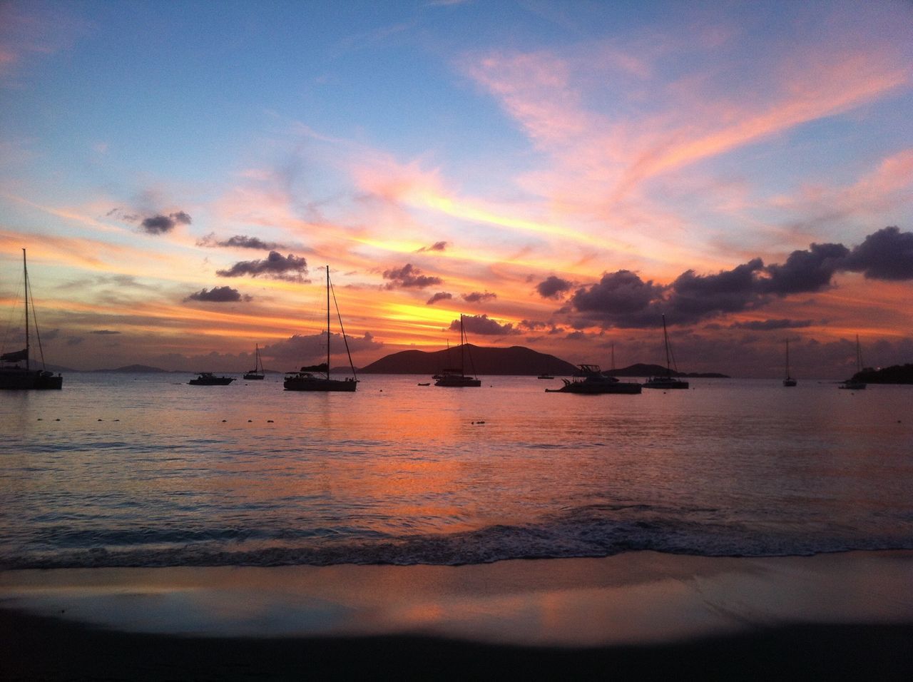 sunset, sea, water, nautical vessel, sky, transportation, boat, orange color, mode of transport, scenics, beauty in nature, tranquil scene, cloud - sky, tranquility, moored, beach, nature, silhouette, idyllic, horizon over water