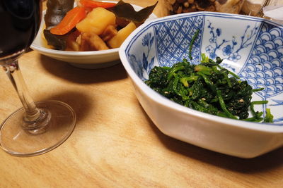 High angle view of food served on table