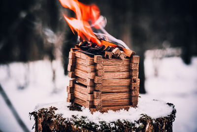 Close-up of fire on log in winter