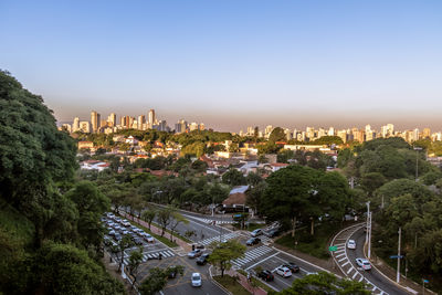 High angle view of townscape against clear sky