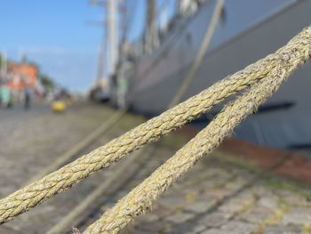 Close-up of rope tied to moored at harbor