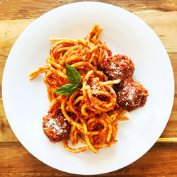 High angle view of food in plate on table