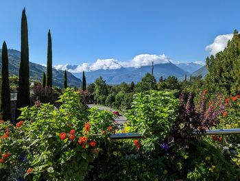 Panoramic view of townscape and mountains against sky