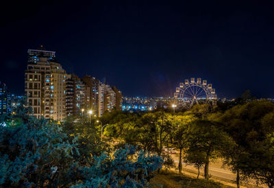 Illuminated ferris wheel in city at night