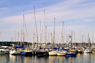 Boats moored at harbor in sea against sky