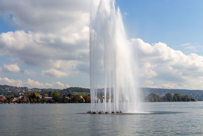 View at high water fountain on the zurich lake, switzerland