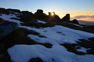 Scenic view of mountain against sky during sunset