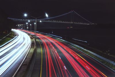 Light trails on road at night