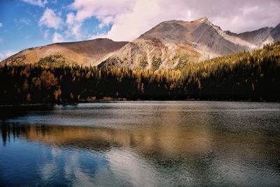 Scenic view of lake by mountains against sky