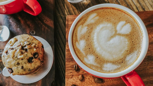 High angle view of cappuccino on table