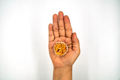 Directly above shot of person holding hand against white background