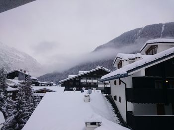 Snow covered built structures against clear sky