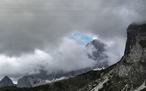 Low angle view of snowcapped mountains against sky