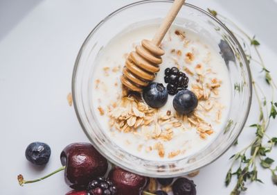 High angle view of breakfast in bowl on table