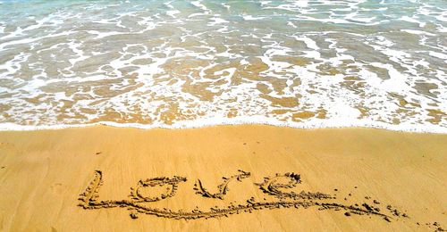 High angle view of text on beach