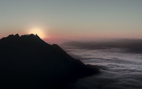 Scenic view of silhouette mountain against sky during sunset