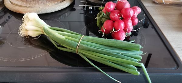 High angle view of chopped vegetables on table