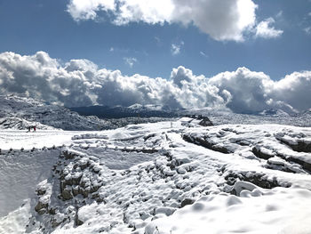 Scenic view of snow covered land against sky