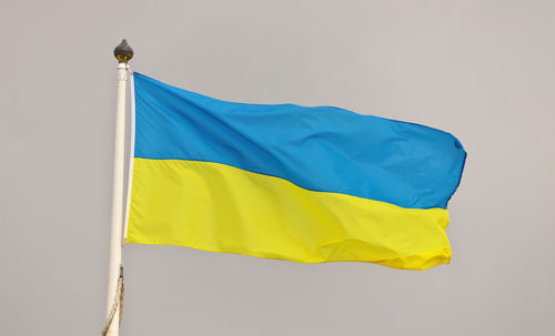 Ukraine ukrainian national flag waving in wind against cloudy gray white sky.