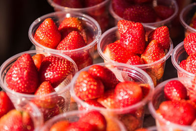 High angle view of strawberries in container