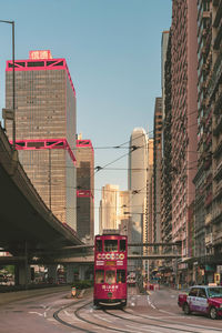 View of city street and buildings against sky