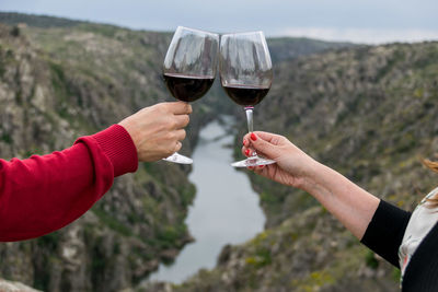 Close-up of hand holding drink against mountain